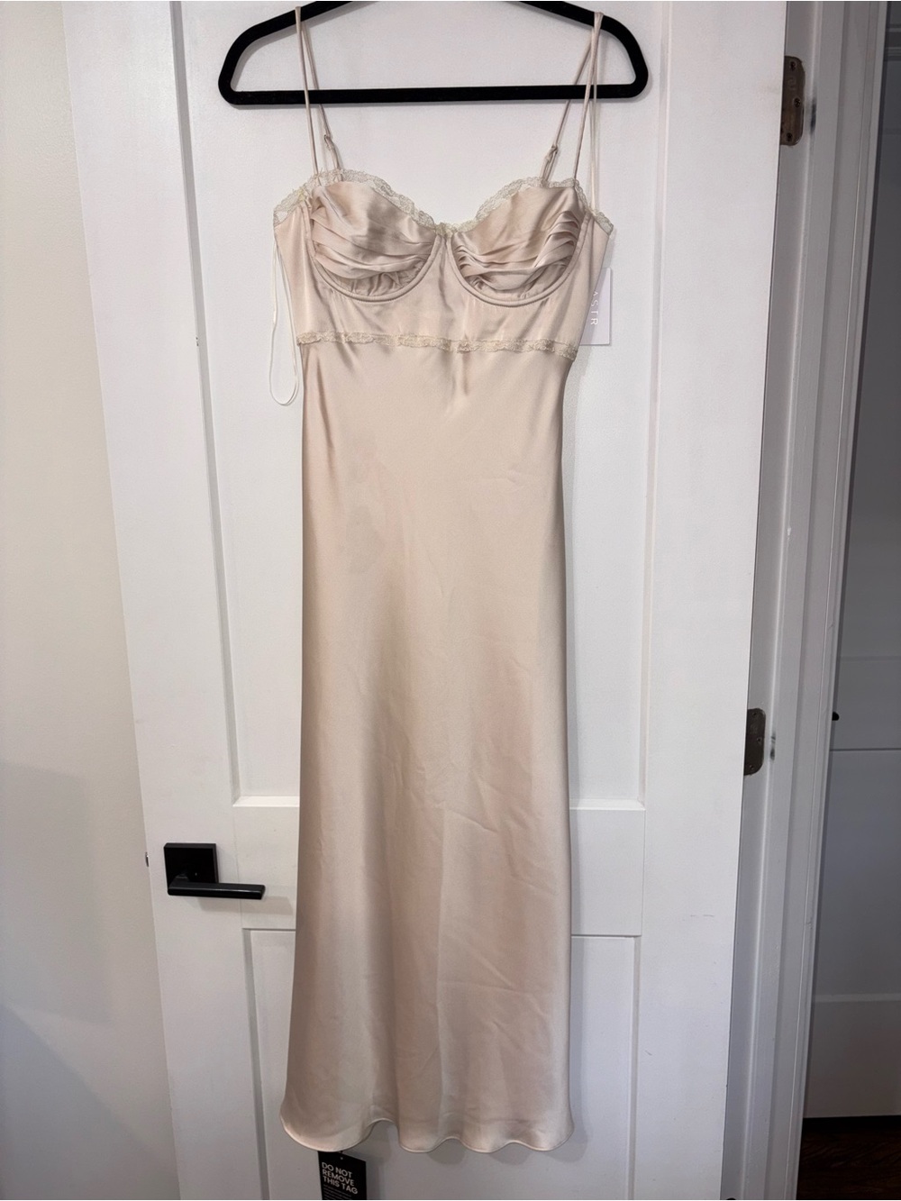 ASTR the Label Champagne Satin Slip Dress with Lace Trim